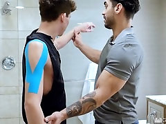 Muscular guy pounds his young roommate in the shower