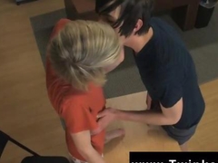 Hot gay twink kneels down for a blowjob