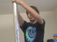 Tattooed straight thug masturbating after using a dance pole