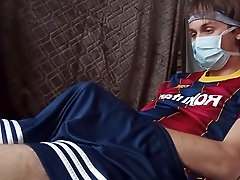Enthusiastic Barcelona football fan goes wild and indulges in some steamy solo action at home