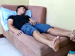 Asian twink cums on lovers soles after hard-core bare smashing
