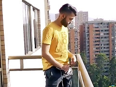 Did I get caught jerking off my massive uncut cock on the balcony? (Hot Gay)
